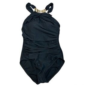 MIRACLESUIT black mother of pearl detail halter one piece swimsuit Sz 8